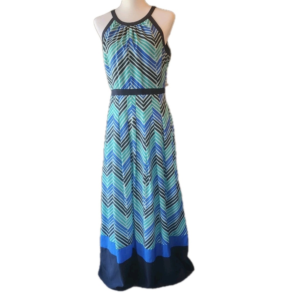 Ann Taylor Maxi‎ Dress Womens 10P Halter Blue Green Black Casual Brunch Party